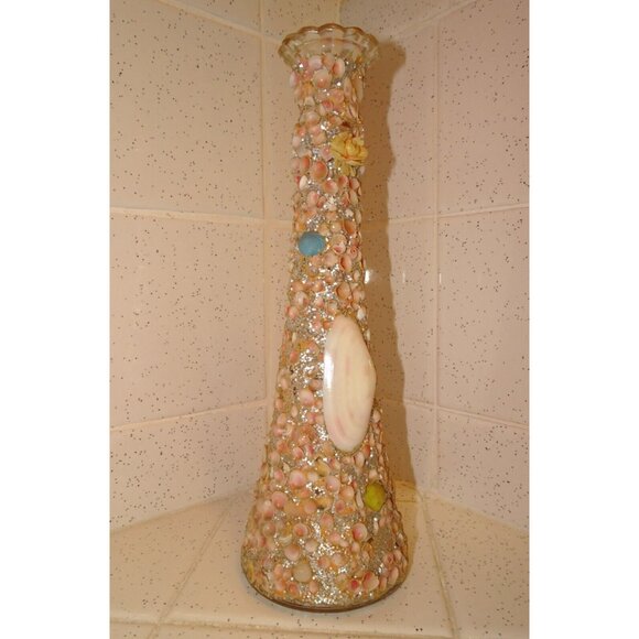 Vintage Florida Souvenir Tiny Shells Encrusted Covered Flower Glass Vase glitter - Picture 4 of 14
